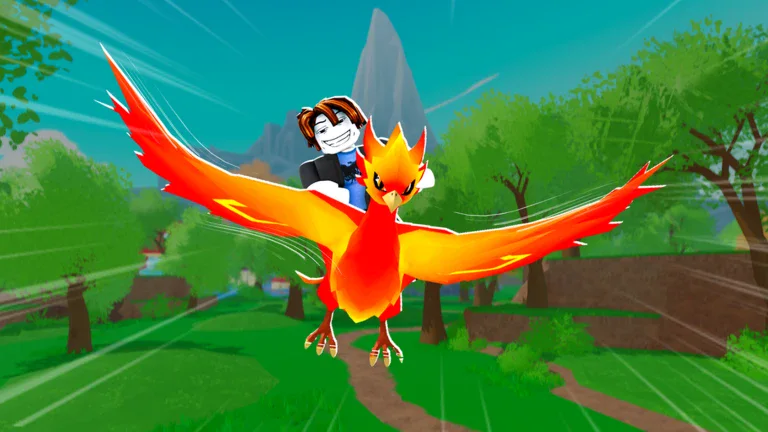 A player riding a Phoenix above the green starting meadow in Ride A Pet